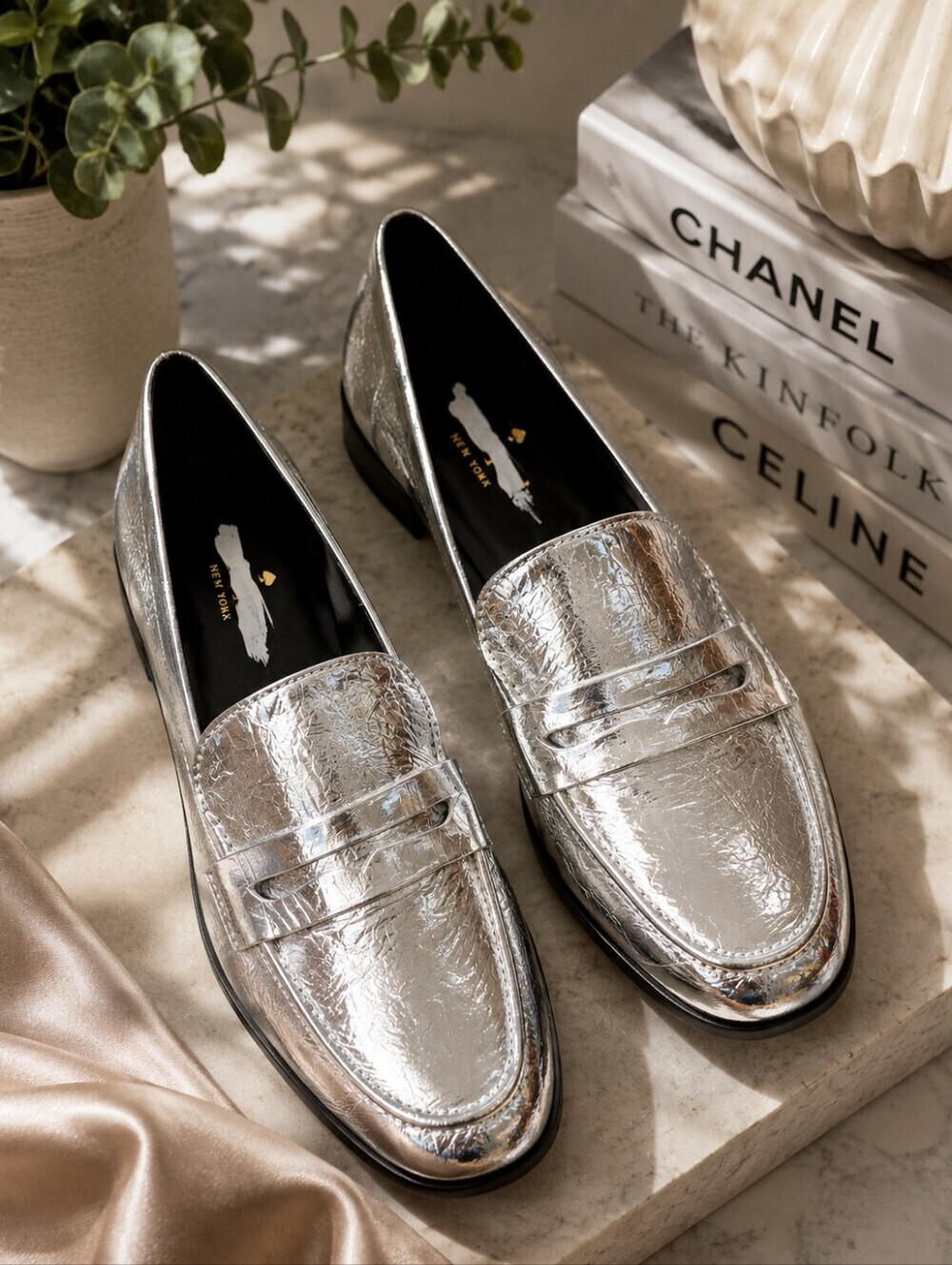 Kate Spade Metallic Silver Crinkled Leather Flat Penny Loafers. Ladies 7.5